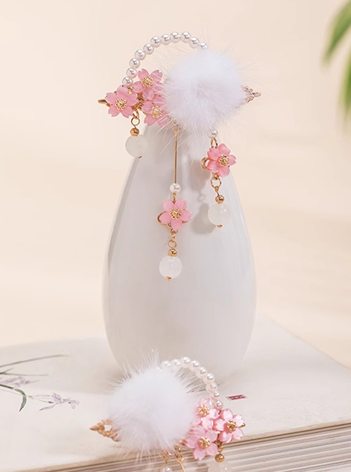 Pink Sakura White Fur Ball Pearl Hanfu Crystal Beads Antique Chinese Style Cute Accessories Hairpin