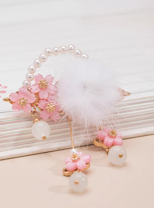 Pink Sakura White Fur Ball Pearl Hanfu Crystal Beads Antique Chinese Style Cute Accessories Hairpin