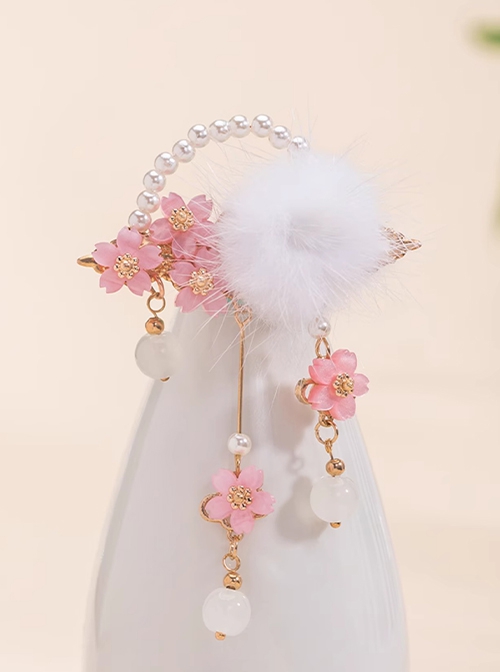 Pink Sakura White Fur Ball Pearl Hanfu Crystal Beads Antique Chinese Style Cute Accessories Hairpin