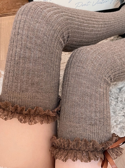 Millennial Y2K Hottie Wool Lace Bowknot Cashmere Warm Slimming Sweet Lolita Mid Calf Over Knee Socks