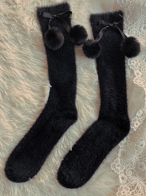 Autumn Winter Thickened Long Pile Cute Snow Rabbit Fur Christmas Spirit Soft Plush Ball Sweet Lolita Girl Mid Calf Socks