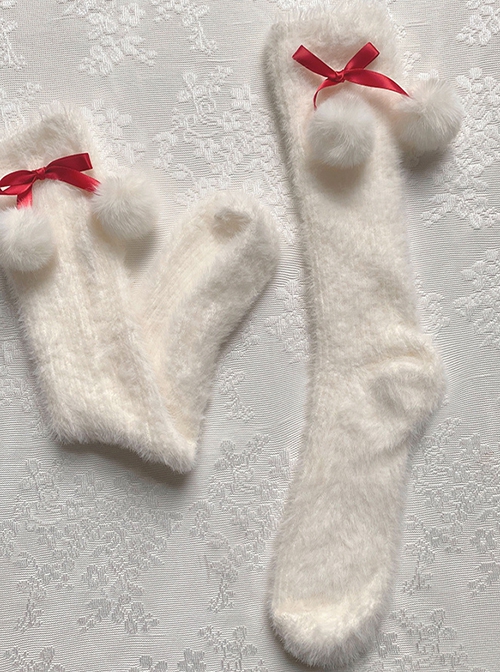 Autumn Winter Thickened Long Pile Cute Snow Rabbit Fur Christmas Spirit Soft Plush Ball Sweet Lolita Girl Mid Calf Socks