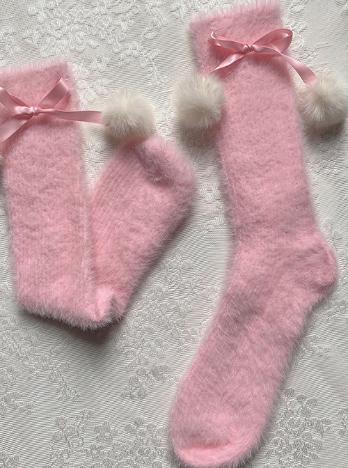 Autumn Winter Thickened Long Pile Cute Snow Rabbit Fur Christmas Spirit Soft Plush Ball Sweet Lolita Girl Mid Calf Socks