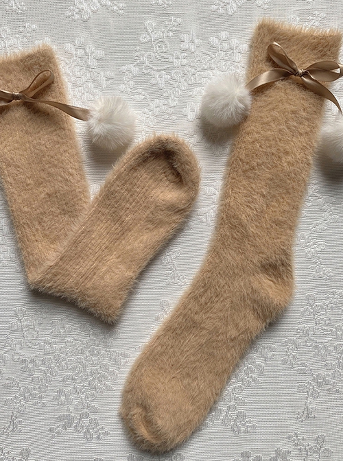 Autumn Winter Thickened Long Pile Cute Snow Rabbit Fur Christmas Spirit Soft Plush Ball Sweet Lolita Girl Mid Calf Socks