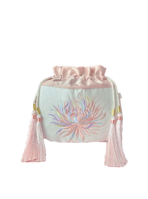 Chinese Style Elegant Classic Purse Pink Lotus Embroidery Tassel Ribbon Elastic Cord Crossbody Hanfu Bag