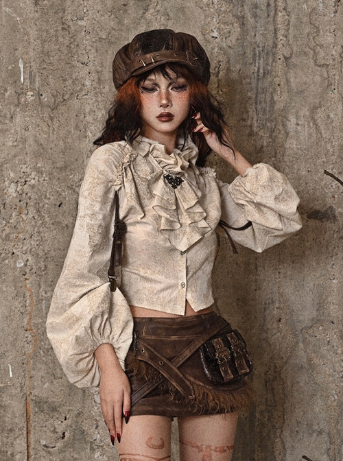 Exile Journey Series Steampunk Apricot Cotton Linen European Style Distressed Stand Up Collar Ruffled Lolita Long Sleeves Shirt