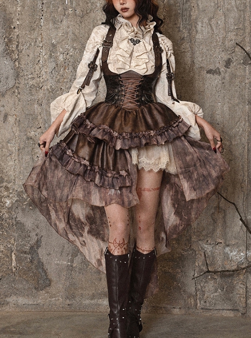 Exile Journey Series Steampunk Asymmetrical PU Maillard Brown Lace Mesh Large Hem Bust Strap Sleeveless Dress JSK