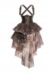 Exile Journey Series Steampunk Asymmetrical PU Maillard Brown Lace Mesh Large Hem Bust Strap Sleeveless Dress JSK