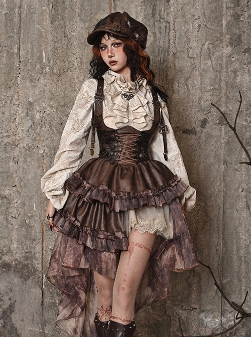 Exile Journey Series Steampunk Asymmetrical PU Maillard Brown Lace Mesh Large Hem Bust Strap Sleeveless Dress JSK