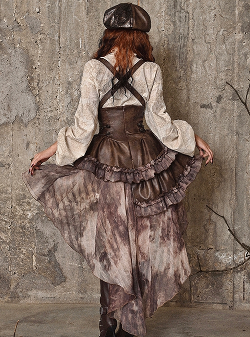 Exile Journey Series Steampunk Asymmetrical PU Maillard Brown Lace Mesh Large Hem Bust Strap Sleeveless Dress JSK