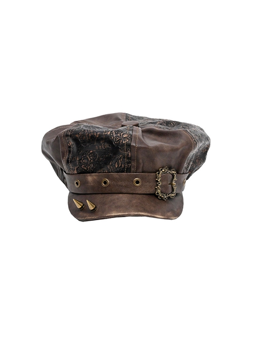 Exile Journey Series Steampunk Maillard Brown Distressed Hottie Punk Bronze Rivet Octagonal Painter Hat