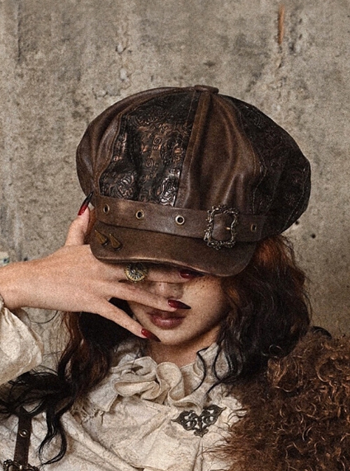 Exile Journey Series Steampunk Maillard Brown Distressed Hottie Punk Bronze Rivet Octagonal Painter Hat