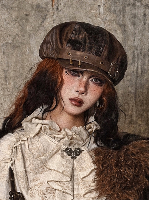 Exile Journey Series Steampunk Maillard Brown Distressed Hottie Punk Bronze Rivet Octagonal Painter Hat