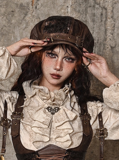 Exile Journey Series Steampunk Maillard Brown Distressed Hottie Punk Bronze Rivet Octagonal Painter Hat