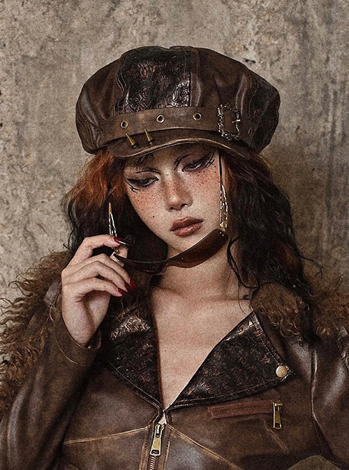 Exile Journey Series Steampunk Maillard Brown Distressed Hottie Punk Bronze Rivet Octagonal Painter Hat