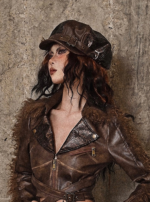 Exile Journey Series Steampunk Maillard Brown Distressed Hottie Punk Bronze Rivet Octagonal Painter Hat