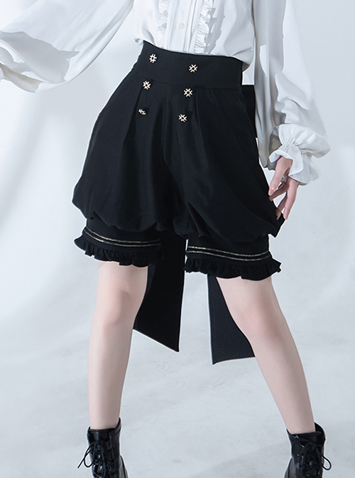 Hurrying Rabbit Series Ouji Fashion Prince Style Female Black Ruffles Big Bowknot Accessories Loose Cute Bud Pants Shorts