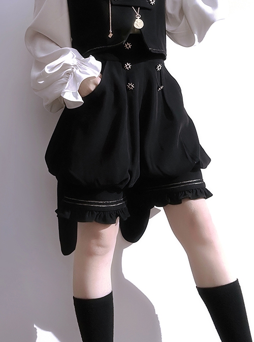 Hurrying Rabbit Series Ouji Fashion Prince Style Female Black Ruffles Big Bowknot Accessories Loose Cute Bud Pants Shorts