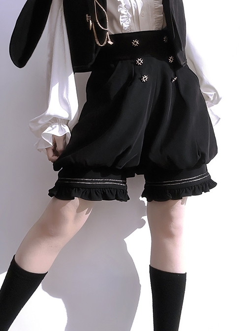 Hurrying Rabbit Series Ouji Fashion Prince Style Female Black Ruffles Big Bowknot Accessories Loose Cute Bud Pants Shorts