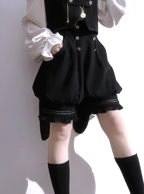 Hurrying Rabbit Series Ouji Fashion Prince Style Male Black Ruffles Big Bowknot Accessories Young Master Loose Bud Pants Shorts