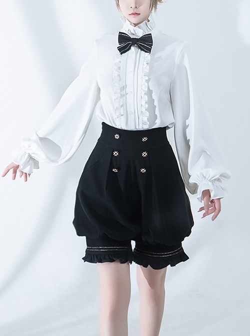 Hurrying Rabbit Series Ouji Fashion Female White Ruffled Pleated Stand Collar Prince Style Loose Lantern Sleeves Shirt