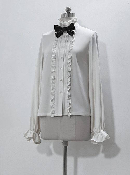 Hurrying Rabbit Series Ouji Fashion Female White Ruffled Pleated Stand Collar Prince Style Loose Lantern Sleeves Shirt