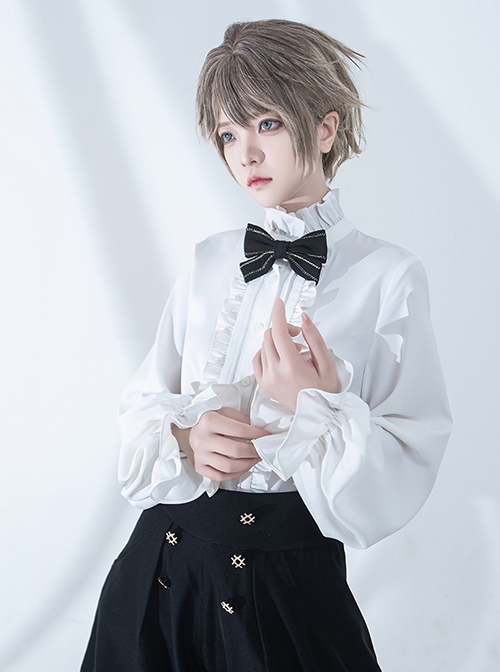 Hurrying Rabbit Series Ouji Fashion Female White Ruffled Pleated Stand Collar Prince Style Loose Lantern Sleeves Shirt