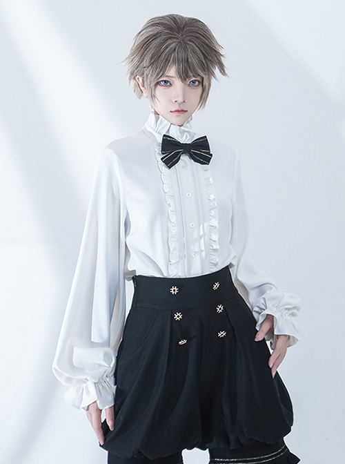 Hurrying Rabbit Series Ouji Fashion Female White Ruffled Pleated Stand Collar Prince Style Loose Lantern Sleeves Shirt