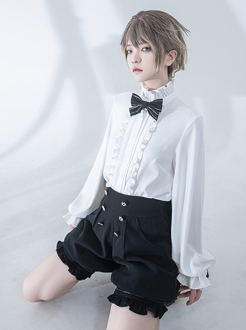 Hurrying Rabbit Series Ouji Fashion Female White Ruffled Pleated Stand Collar Prince Style Loose Lantern Sleeves Shirt