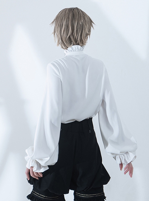 Hurrying Rabbit Series Ouji Fashion Female White Ruffled Pleated Stand Collar Prince Style Loose Lantern Sleeves Shirt