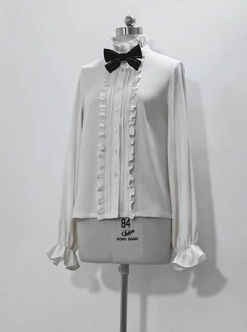 Hurrying Rabbit Series Ouji Fashion Male Prince Style Ruffled Pleated Stand Collar White Loose Lantern Sleeves Shirt