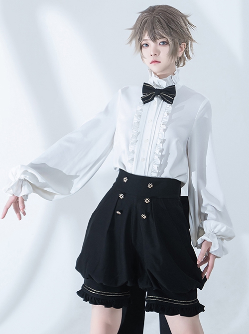 Hurrying Rabbit Series Ouji Fashion Male Prince Style Ruffled Pleated Stand Collar White Loose Lantern Sleeves Shirt