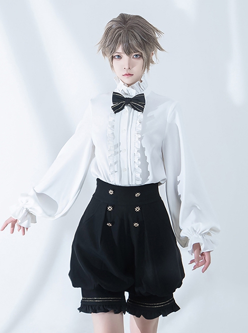 Hurrying Rabbit Series Ouji Fashion Male Prince Style Ruffled Pleated Stand Collar White Loose Lantern Sleeves Shirt
