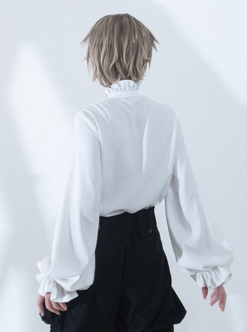 Hurrying Rabbit Series Ouji Fashion Male Prince Style Ruffled Pleated Stand Collar White Loose Lantern Sleeves Shirt