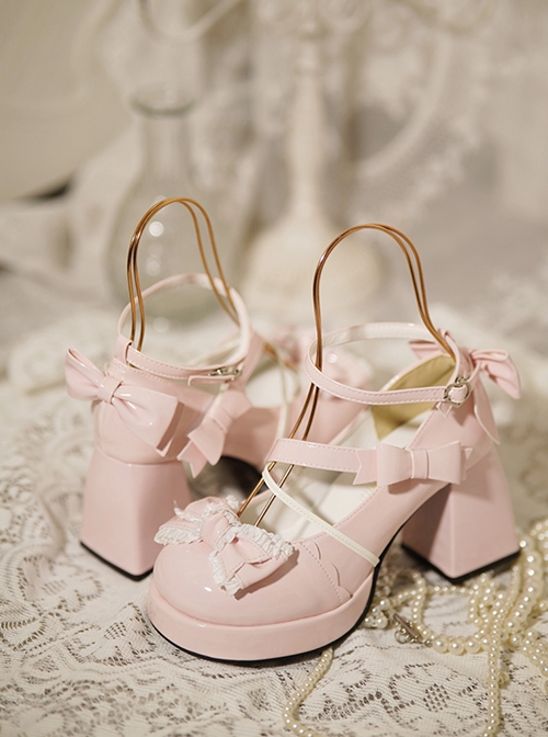 The Girl Heart Knot Series Waterproof Sweet Lolita Lace Ribbon Bowknot Cute Girly Japanese Style Medium Heel Shoes