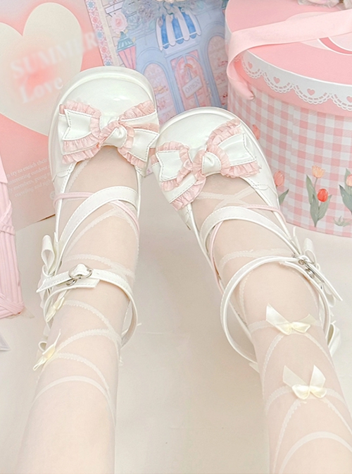 The Girl Heart Knot Series Waterproof Sweet Lolita Lace Ribbon Bowknot Cute Girly Japanese Style Medium Heel Shoes