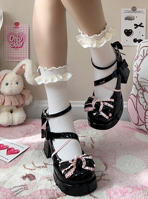 The Girl Heart Knot Series Waterproof Sweet Lolita Lace Ribbon Bowknot Cute Girly Japanese Style Medium Heel Shoes