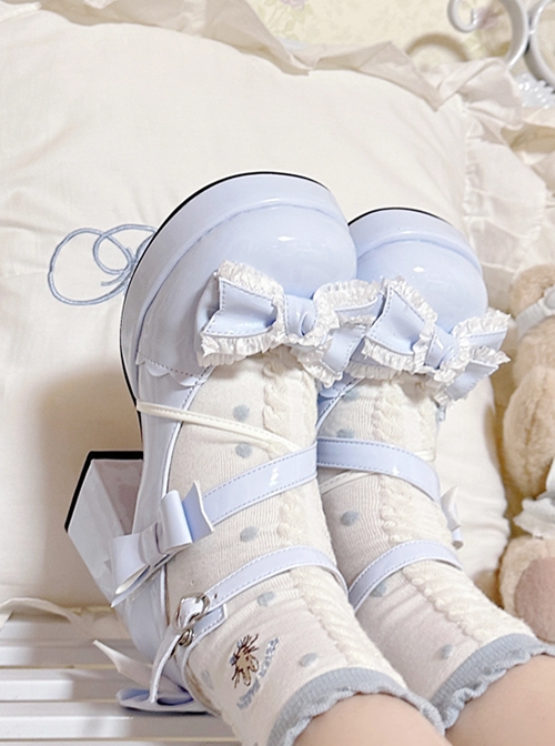 The Girl Heart Knot Series Waterproof Sweet Lolita Lace Ribbon Bowknot Cute Girly Japanese Style Medium Heel Shoes