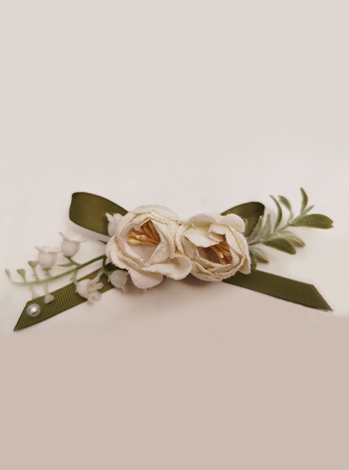 Sally Garden Series Simulated Flower Pastoral Green Leaves Side Clip Ribbon Bowknot Versatile Brooch