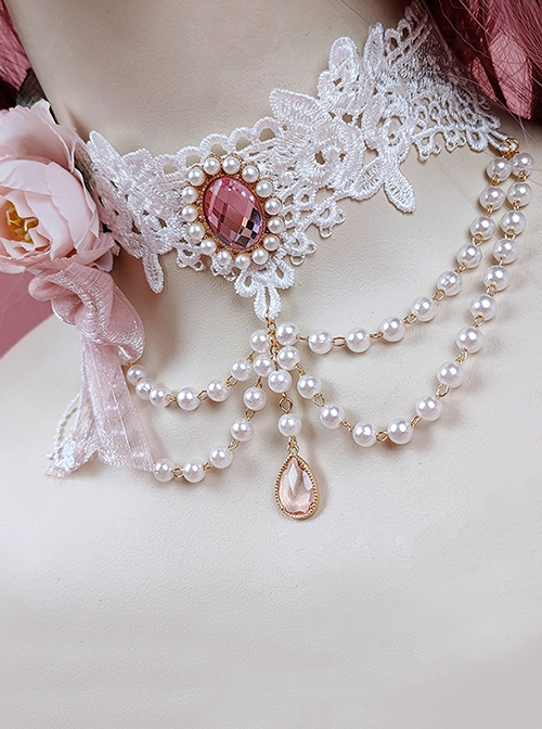 Versatile Lace Flower Fairy Simulated Rose Wedding pearl chain crystal jewelry classic Lolita Necklace