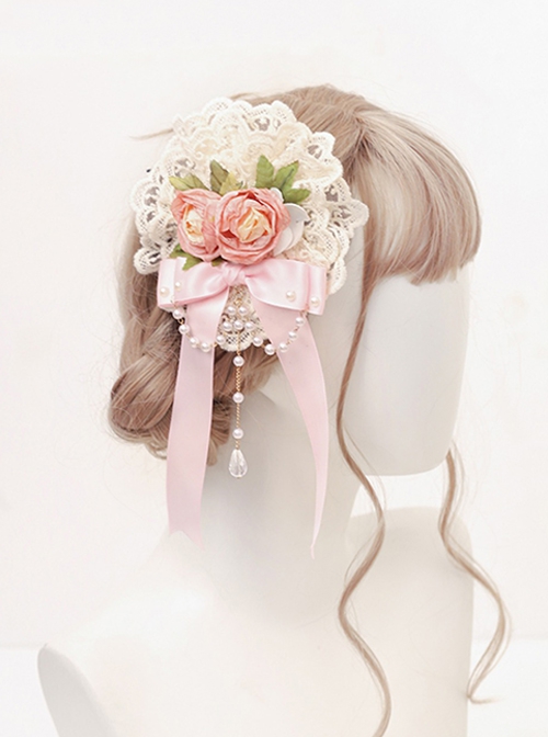 Handmade Retro Artificial Flower Lace Pearl Chain Gentle Sweet Rose Bowknot Classic Lolita Jewelry Hairpins