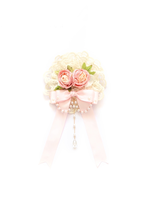 Handmade Retro Artificial Flower Lace Pearl Chain Gentle Sweet Rose Bowknot Classic Lolita Jewelry Hairpins