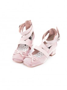 Square Toe Satin Cross Straps Fashionable Elegant Tie Bowknot Ballet Style Classic Lolita Middle Heel Shoes