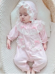 Pink Sweet Cute White Lace Pure Cotton Long Sleeves Jumpsuit Girls Soft Baby Romper