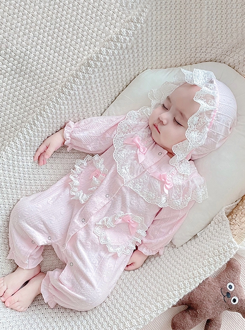 Pink Sweet Cute White Lace Pure Cotton Long Sleeves Jumpsuit Girls Soft Baby Romper