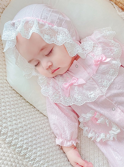 Pink Sweet Cute White Lace Pure Cotton Long Sleeves Jumpsuit Girls Soft Baby Romper