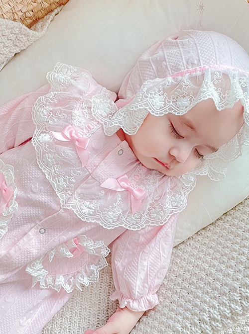 Pink Sweet Cute White Lace Pure Cotton Long Sleeves Jumpsuit Girls Soft Baby Romper