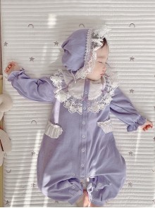 Sweet Cute Light Purple Splicing White Lace Hooded Long Sleeves Girl Romantic Spring Ruffles Baby Romper