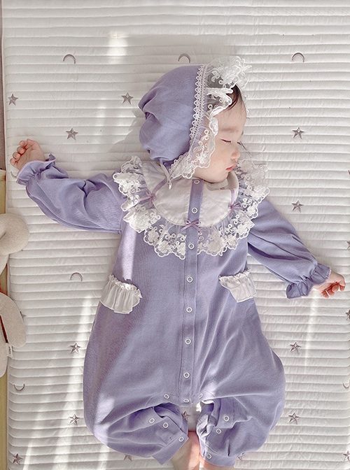 Sweet Cute Light Purple Splicing White Lace Hooded Long Sleeves Girl Romantic Spring Ruffles Baby Romper