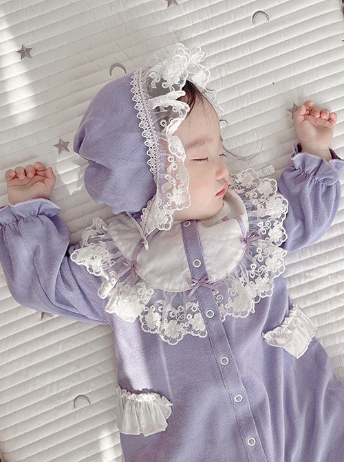 Sweet Cute Light Purple Splicing White Lace Hooded Long Sleeves Girl Romantic Spring Ruffles Baby Romper